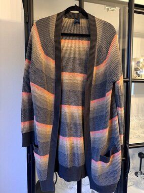 Gap Longline Open Front Striped Cardigan Knit Sweater Gray Pink M